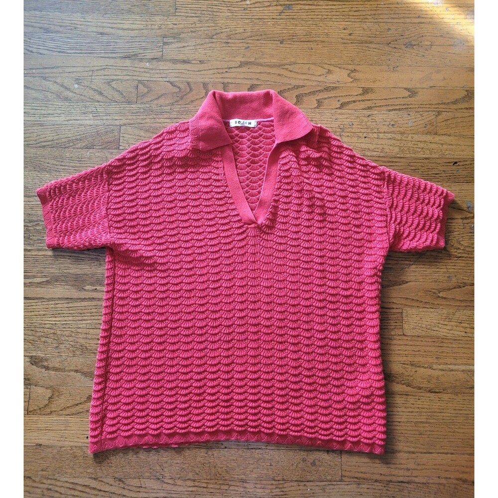 Boden Womens Textured Knit Short Sleeve Red Polo Shirt Preppy Size Medium